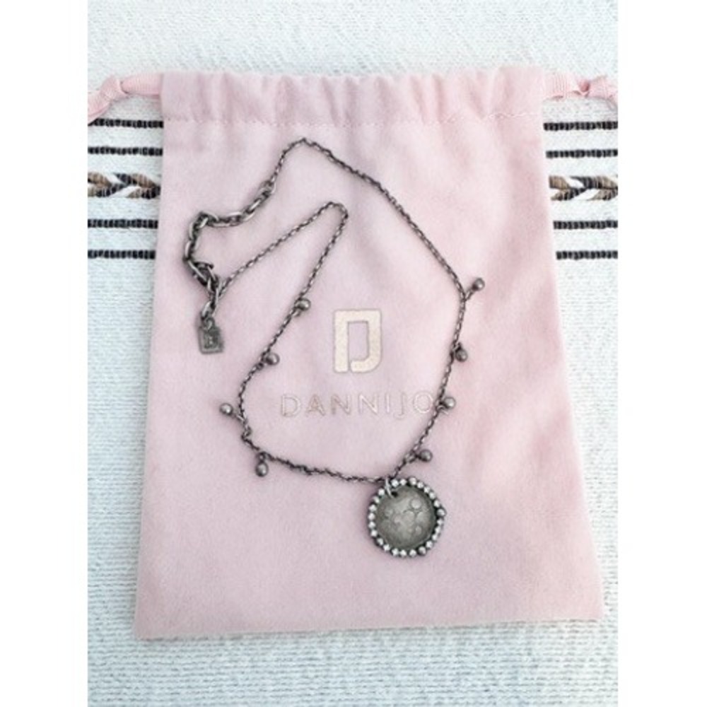 Dannijo Oxidized Silver Tone Crystal Coin Medallion Pendant Necklace with Bag